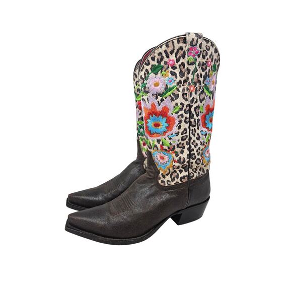 Macie Bean 10 Leopard Print Floral Embroidered Leather Cowgirl Boot Western - Picture 6 of 7